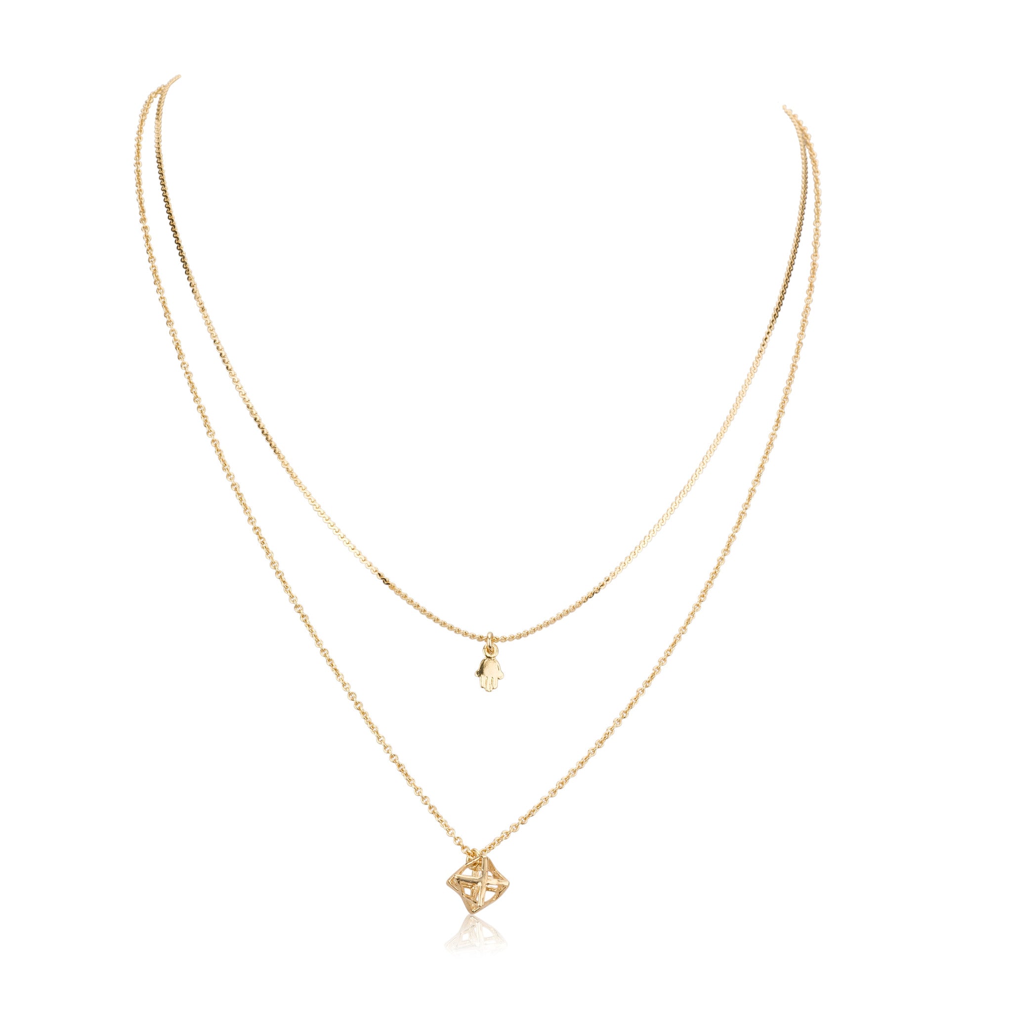 Necklaces - Double Liya& Helen Chain With Tiny Chamsa Pendant&3D David's Star