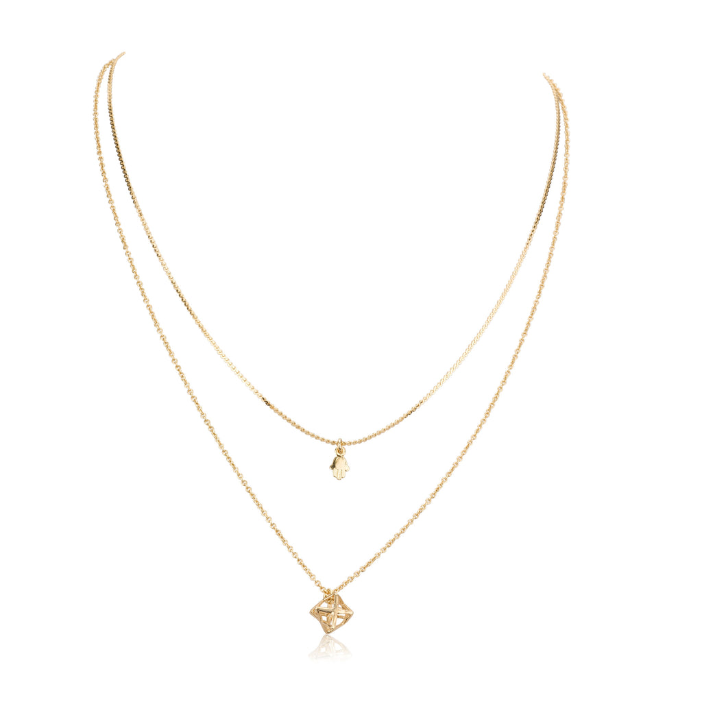 Necklaces - Double Liya& Helen Chain With Tiny Chamsa Pendant&3D David's Star