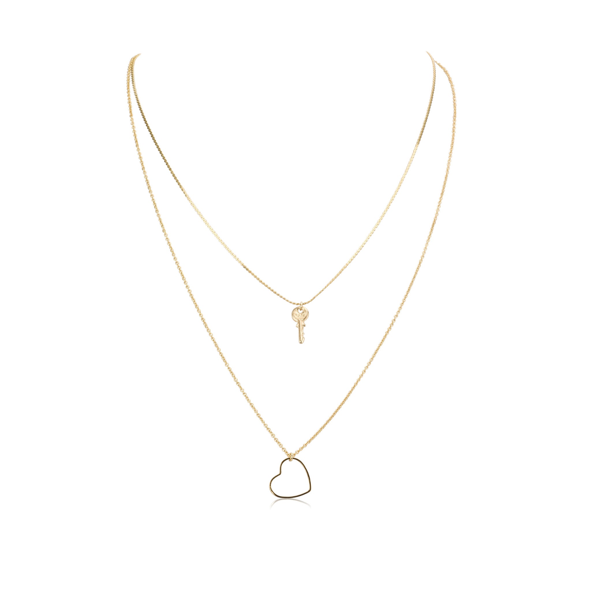 Necklaces - Tiny New Key & Medium Outline Heart Pendants & Double Liya& Helen Chain Necklace