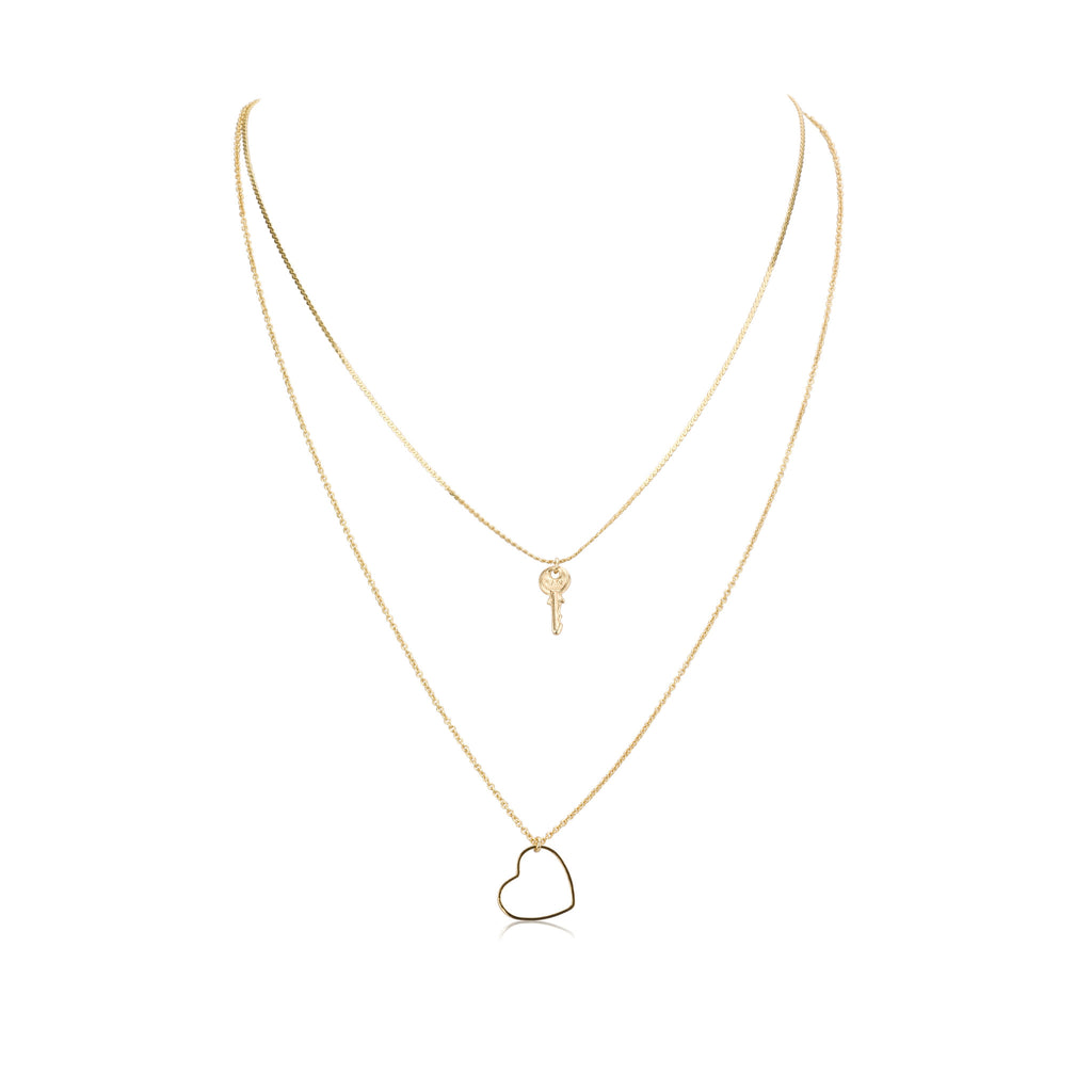 Necklaces - Tiny New Key & Medium Outline Heart Pendants & Double Liya& Helen Chain Necklace