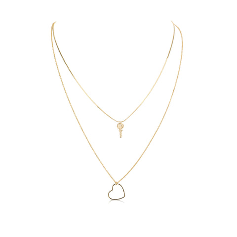 Necklaces - Tiny New Key & Medium Outline Heart Pendants & Double Liya& Helen Chain Necklace